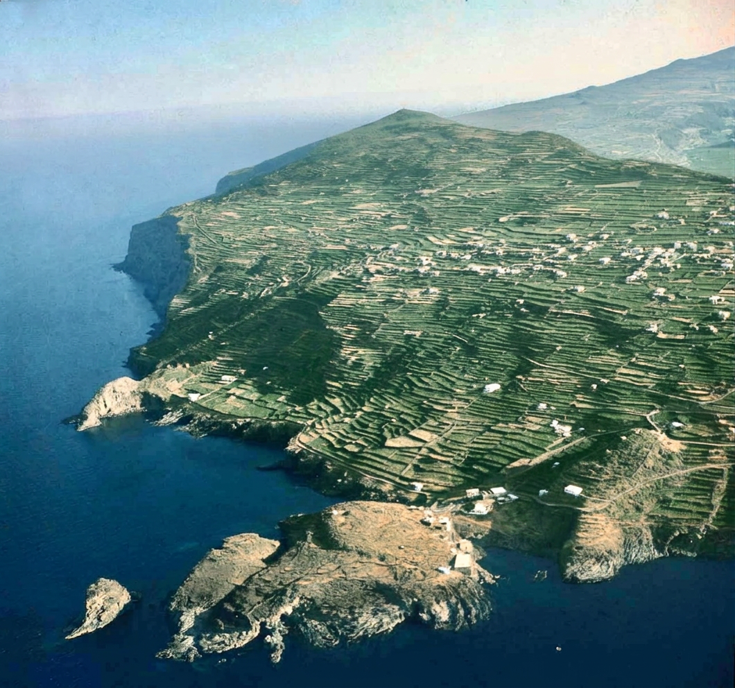Aerial view of Pantelleria coastline where the Elephant House sits