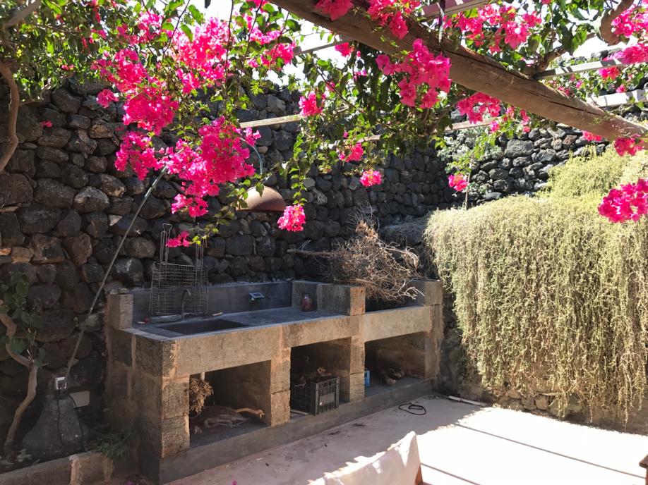 Stone barbecue and sink area in the Grand Patio under bougainvillea
